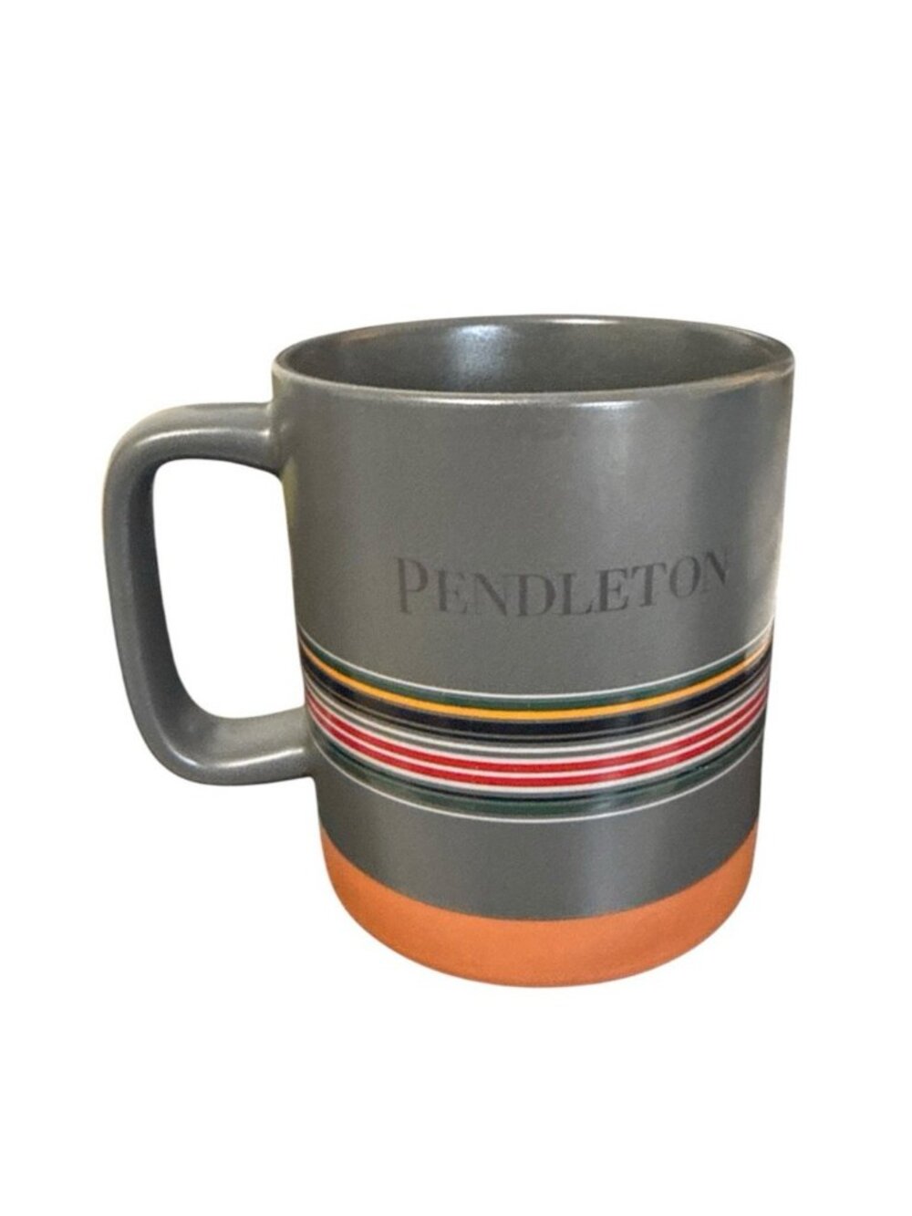 Pendleton Mug Woolen Mills Gray with Colorful Stripes Coffee Tea Cup 18 oz